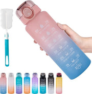 Bicchiere Sportivo da 1L, Bicchiere Sportivo BPA-vrij in Tritan, 1000ml Bicchiere Ispiratore con Coda di Giunco e Marcatura dell'Orario - Bicchiere Impermeabile per Ciclismo, Campeggio, Palestra (Rosso/Blu)