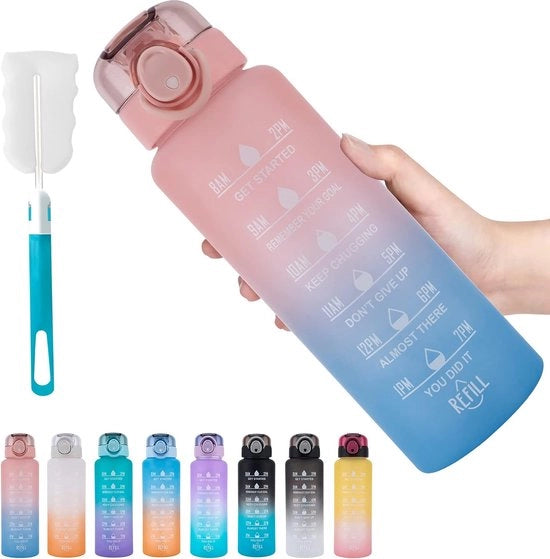 Bicchiere Sportivo da 1L, Bicchiere Sportivo BPA-vrij in Tritan, 1000ml Bicchiere Ispiratore con Coda di Giunco e Marcatura dell'Orario - Bicchiere Impermeabile per Ciclismo, Campeggio, Palestra (Rosso/Blu)