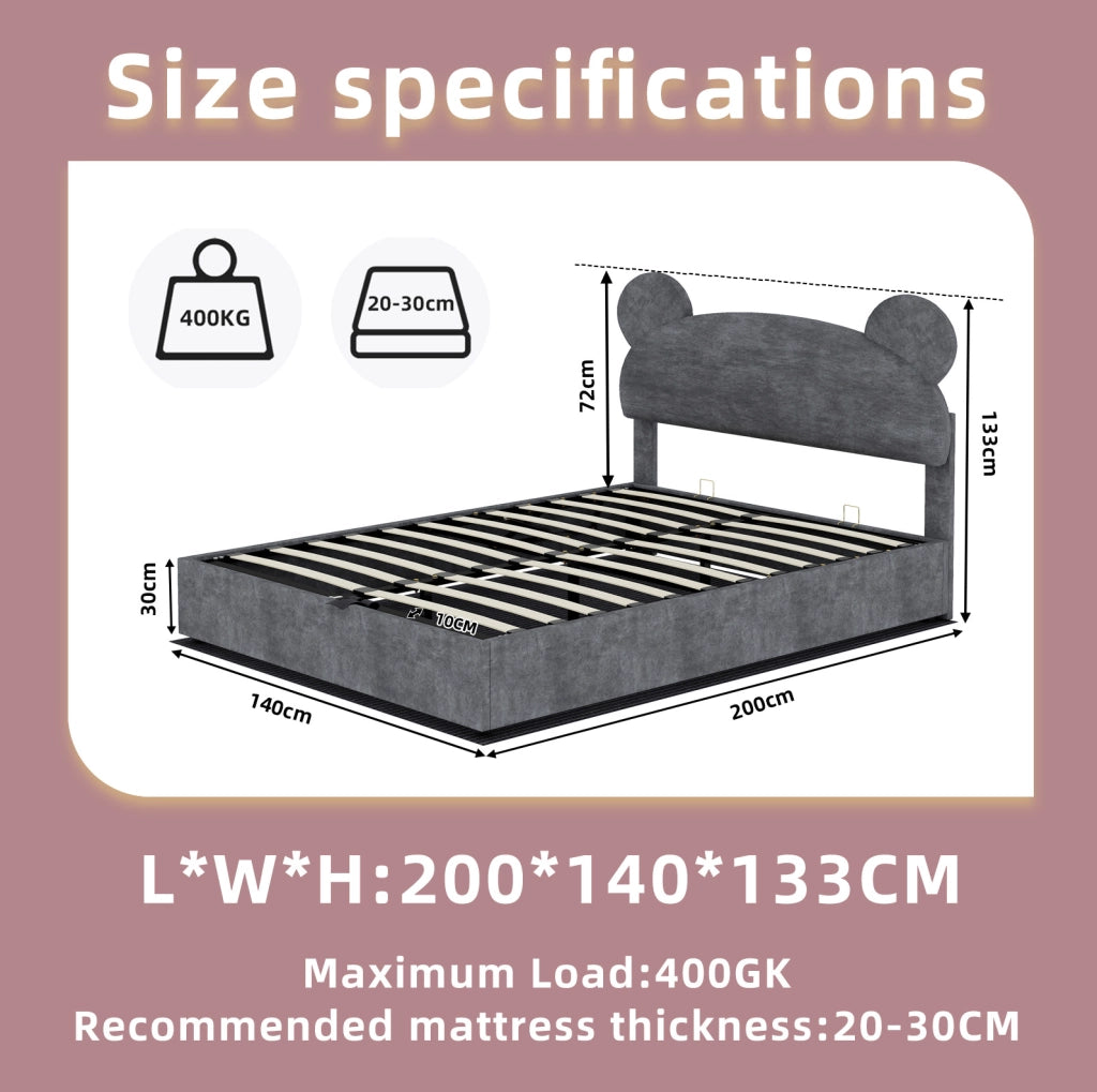 Letto imbottito 140x200 cm con contenitore a sollevamento pneumatico; testiera sagomata grigia