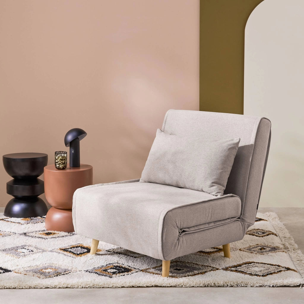 Poltrona letto convertibile tessuto con piedi in legno 1 posto, beige