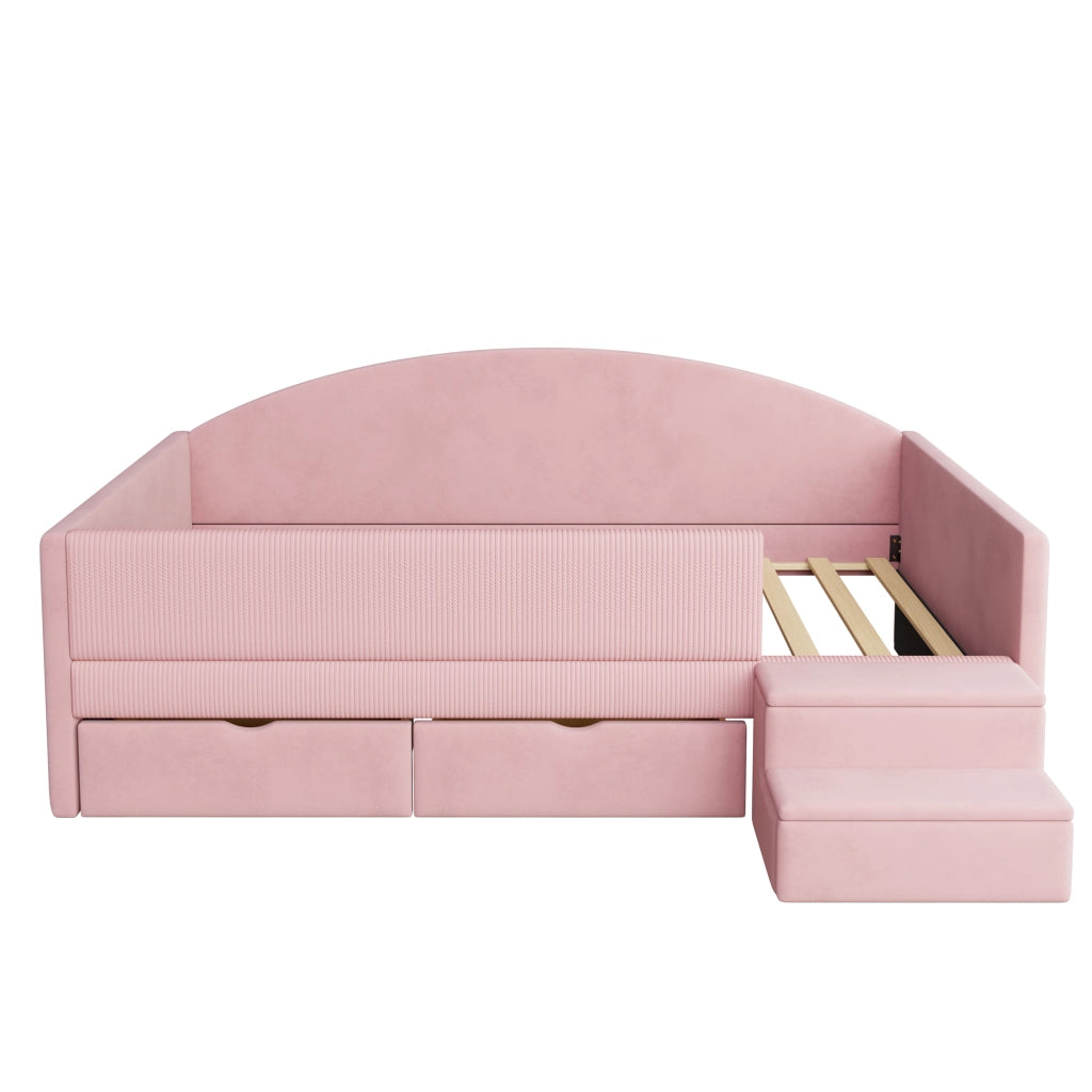 Letto per bambini 90 × 190 cm con 2 cassetti, barriera e scalini, senza materasso, in velluto, rosa