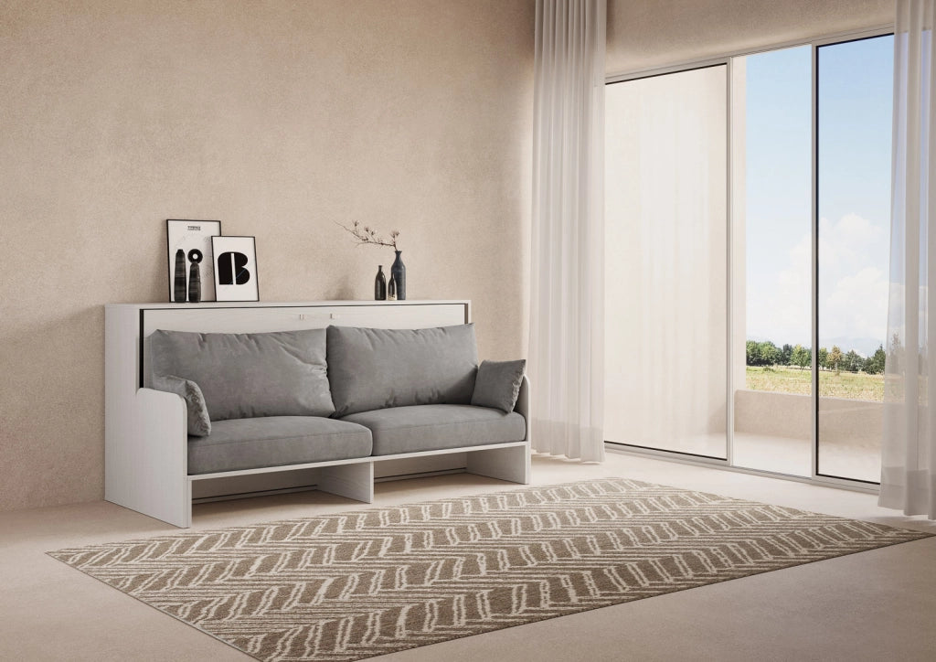 Letto Singolo A Scomparsa Kando Con Divano Con Materasso Bianco Frassino e Grigio