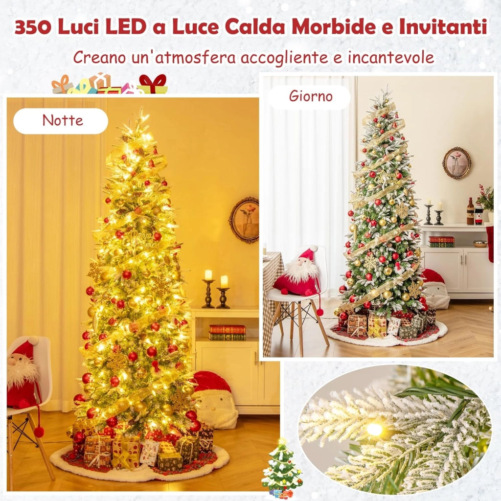 Albero di Natale Slim Pre-Luminoso 225 CM, Albero di Natale Artificiale Innevato con 350 Luci LED Bianche Calde, Rami Articolati e 913 Punte e 75 Pigne (225 CM)