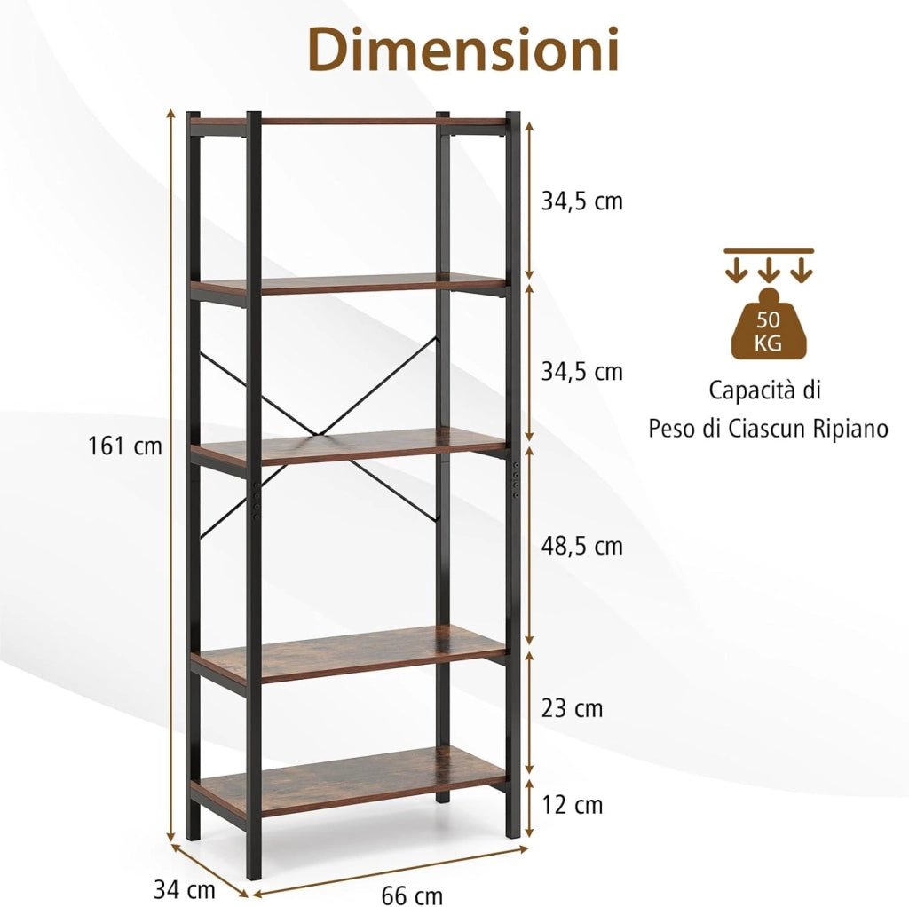 Libreria a 5 Ripiani, Scaffale di Stoccaggio con Struttura in Metallo e Doppio Sistema Anti-Ribaltamento, Scaffale Autoportante per Ufficio Soggiorno Camera da Letto, 66x34x161 cm