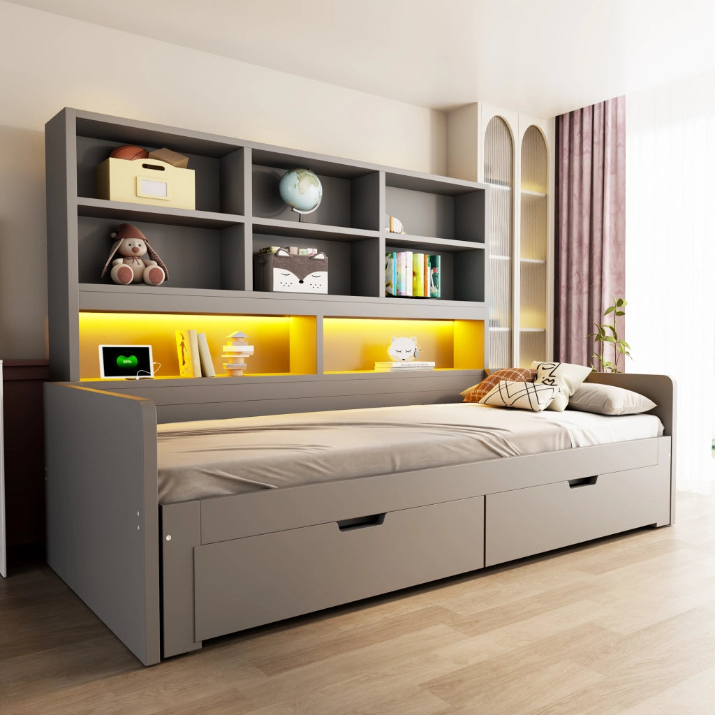 Letto divano estensibile 90x200/180x200 cm con LED; USB; cassetti e ripiani aperti; legno grigio