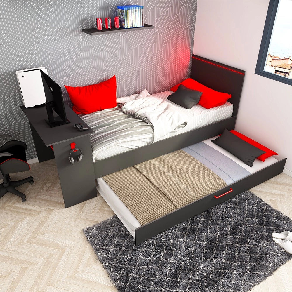 Cameretta con letto estraibile e scrivania antracite e rosso 5040