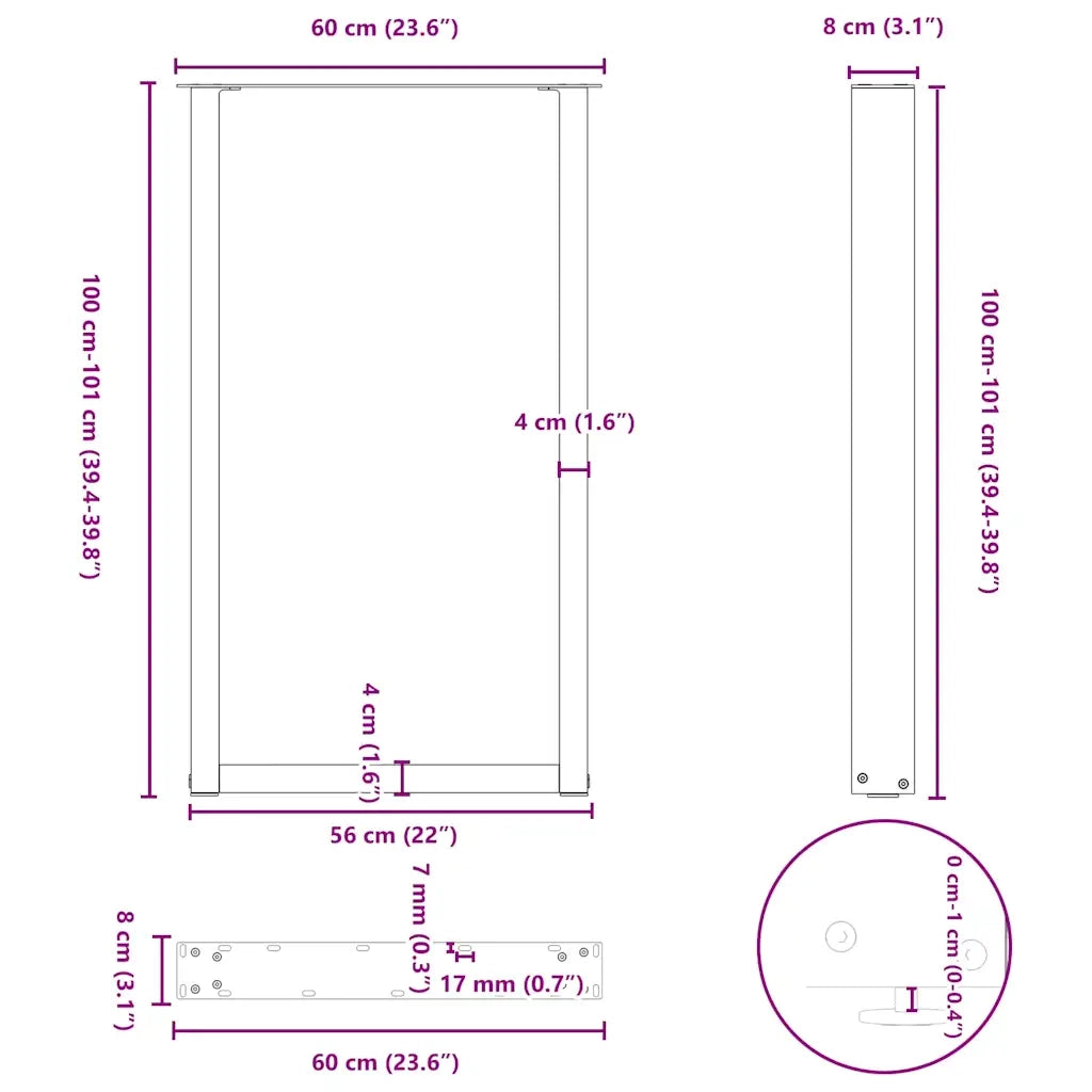 Gambe per tavolo da bar a forma di U 2 pz in acciaio naturale 60x(100-101) cm 4013239