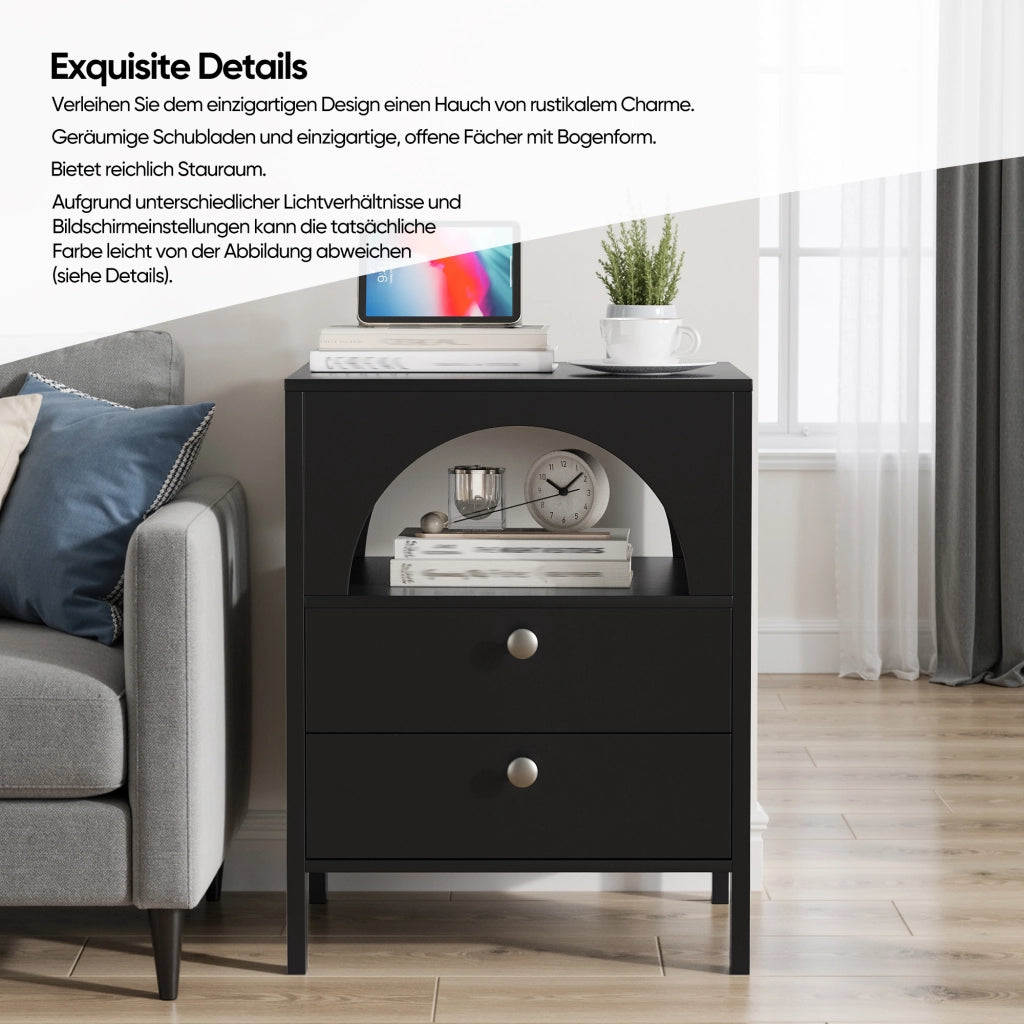 Comodino moderno multifunzione con 2 cassetti e 1 vano aperto, in MDF, per camera da letto, nero, 45 × 40 × 58 cm