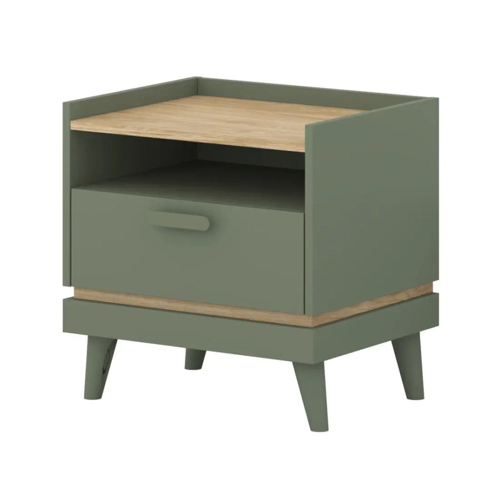 Tavolino da notte NOKI – Verde e legno – 1 cassetto stile scandinavo