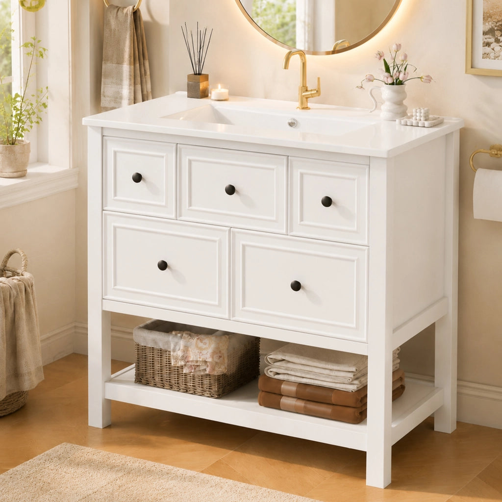 Mobile sottolavabo con lavabo in ceramica e 5 cassetti - per bagno - 76×46.5×82 cm - bianco