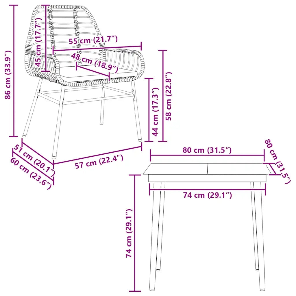 Set da Pranzo da Giardino 3pz | Set Salotto da Giardino con Cuscini Polyrattan Vetro