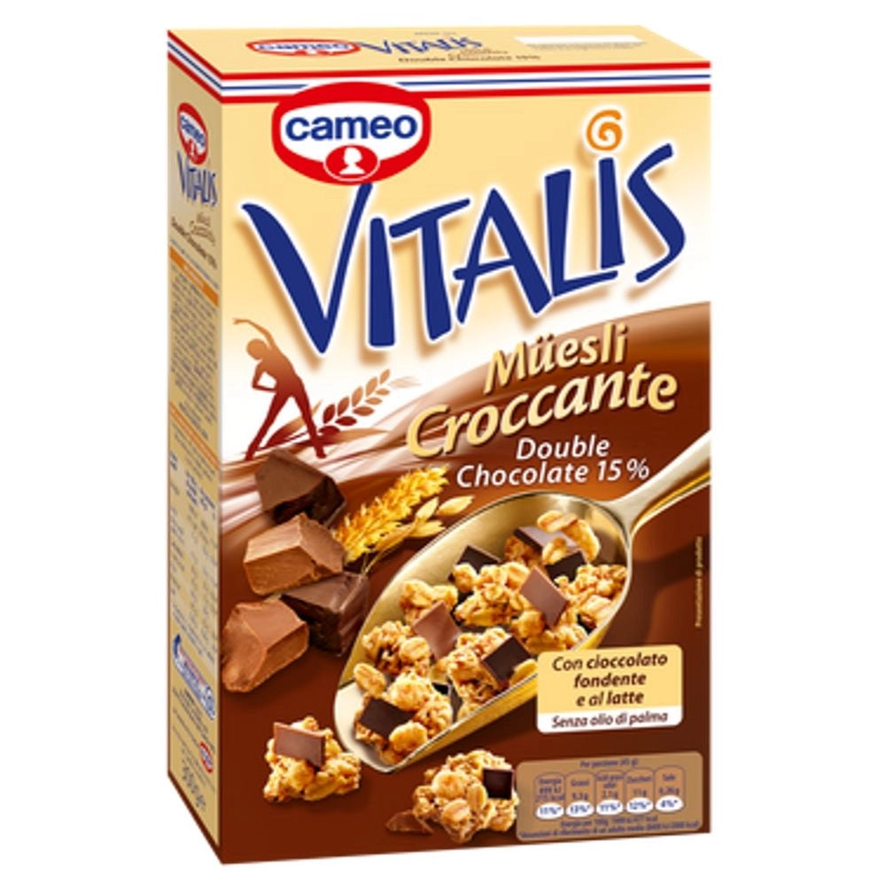 Cameo vitalis muesli croccante double chocolate 15% con cioccolato fondente e al latte confezione da 300 grammi