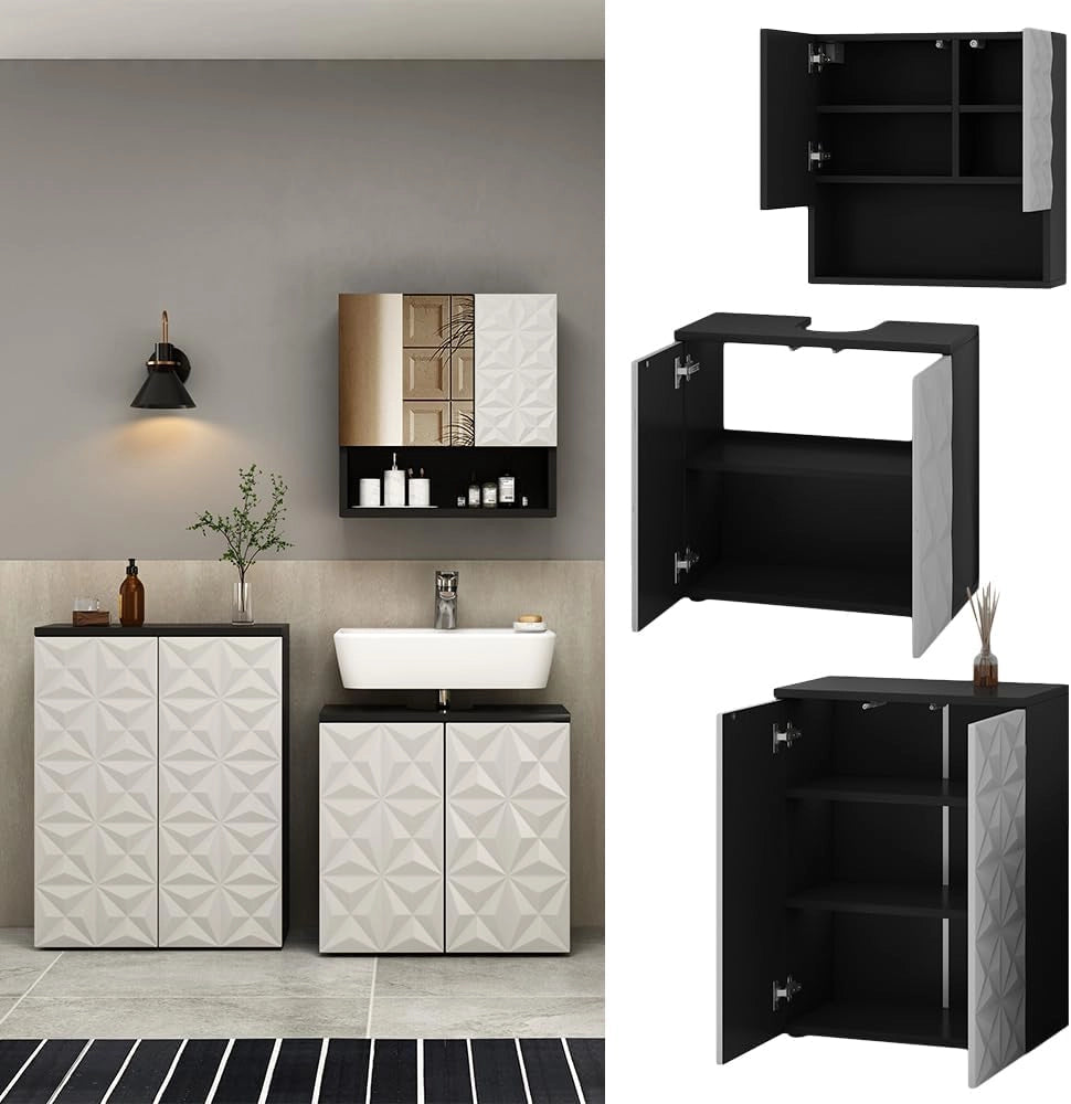 Set di mobili da bagno Edge, Nero, 60 cm, composto da mobile sottolavabo, specchiera e mobile medio