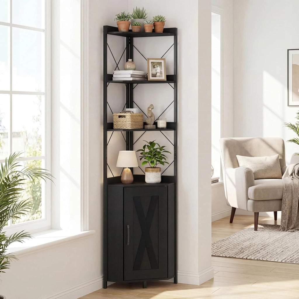 Mensola angolare in piedi con armadio e 6 livelli, 180 cm alto con ripiano regolabile a 5 livelli, vetrina angolare indipendente con porta, scaffale industriale (nero)