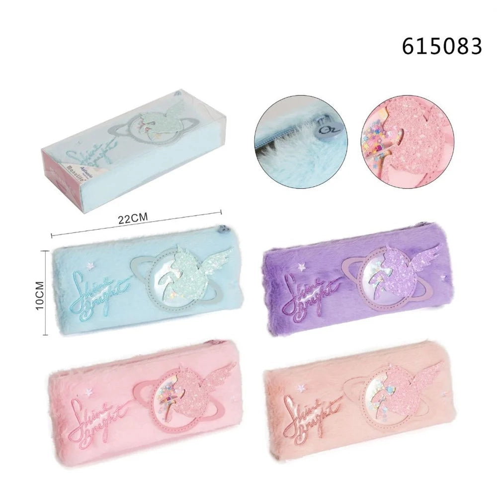Trade Shop - Astuccio Penne Matite Multifunzione Design Peluche Con Unicorno Glitterato 22x10cm 615083 -