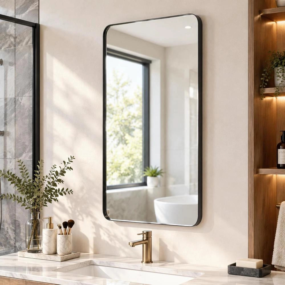 Wall Mirror, Vanity Mirror, Bathroom Mirror, 915 X 610 X 25 Mm Rectangular Mirror, Black Aluminum Alloy Frame With Z-shaped Bracket For Bathroom, Bedroom, Living Room