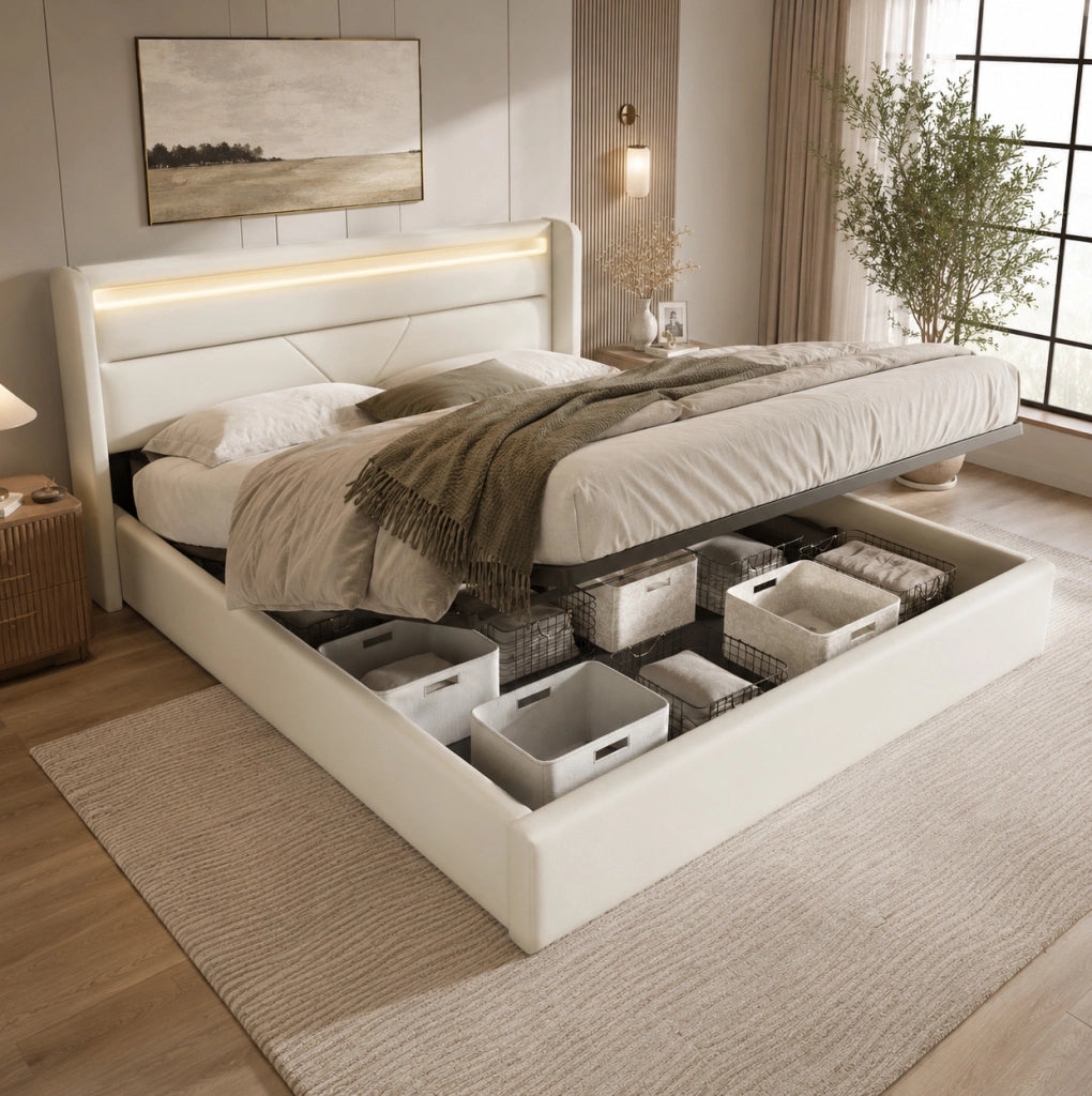 Letto contenitore matrimoniale 160x200 con LED e vano salvaspazio