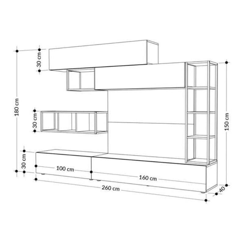 PARETE ATTREZZATA TRONADOR 260 CM BIANCO E ROVERE CON SCAFFALI IN DESIGN CUBICO E ANTE A RIBALTA