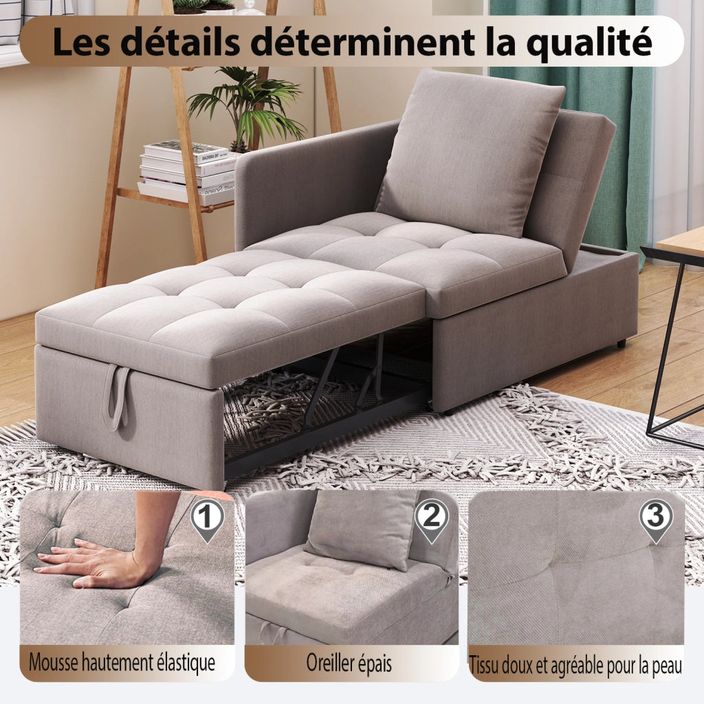 DIVANO LETTO 3 in 1 177x68x65 cm Grigio in lino con schienale regolabile