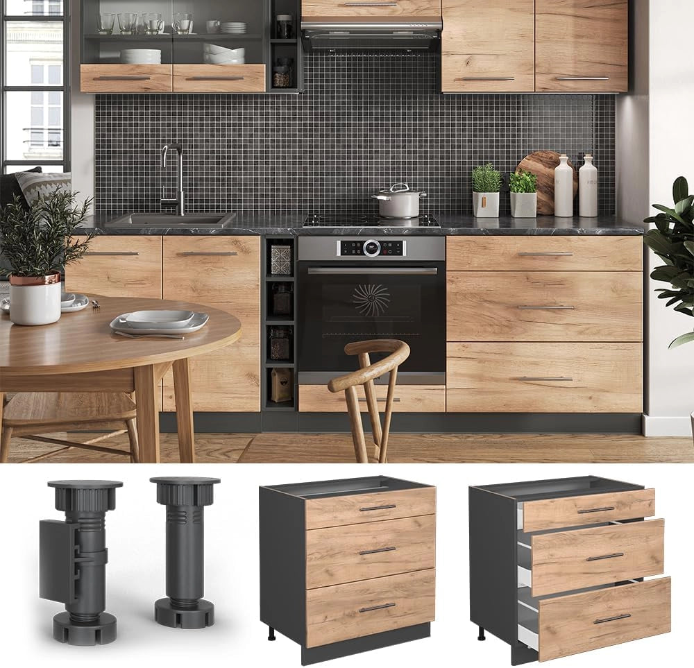 Mobiletto base per cucina Fame-Line, Quercia dorata, 80 cm con 3 cassetti, senza piano di lavoro, per la combinazione con altri moduli della serie Fame-Line