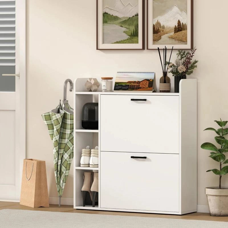 SCARPIERA SLIM CON 2 CASSETTI RIBALTABILI E 3 VANI APERTI, CAPACITÓ 15 SCARPE, 83X24X90.5 CM, BIANCO