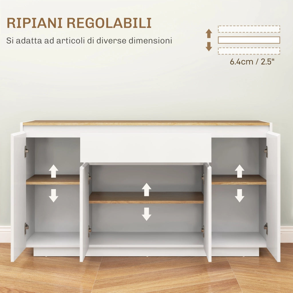 Credenza da Cucina Moderna con Cassetto e 3 Armadietti con Ripiani Regolabili, 140x40x75 cm, Bianco