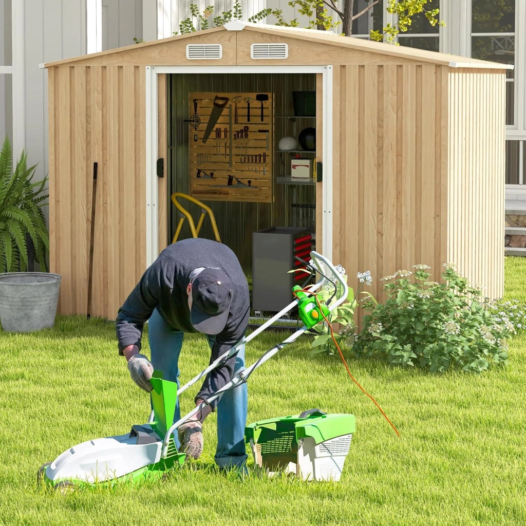 Casetta da Esterno 4,47㎡, Capanno Porta Attrezzi con Porte Scorrevoli, Maniglie, Sfoghi e Tettoia, Casetta da Giardino in Lamiera di Acciaio e Lamiera Zincata (259 x 196 x 184 cm)