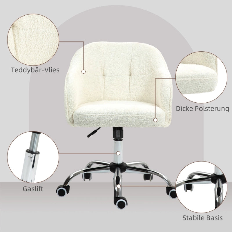 Sedia da ufficio girevole ergonomica con altezza regolabile e rotelle in tessuto teddy bianco crema