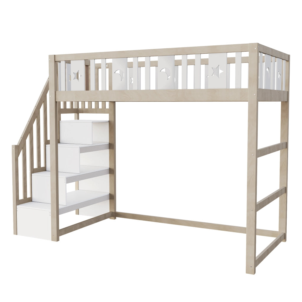 LETTO A CASTELLO 90x200 in legno massello con scala e ripiani, bianco/legno