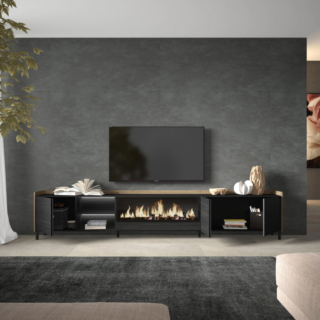 Mobile TV Soggiorno, 315x61x35 cm, Per TV fino a 80", Camino elettrico XXL, Design industriale, LED, Nero e rovere