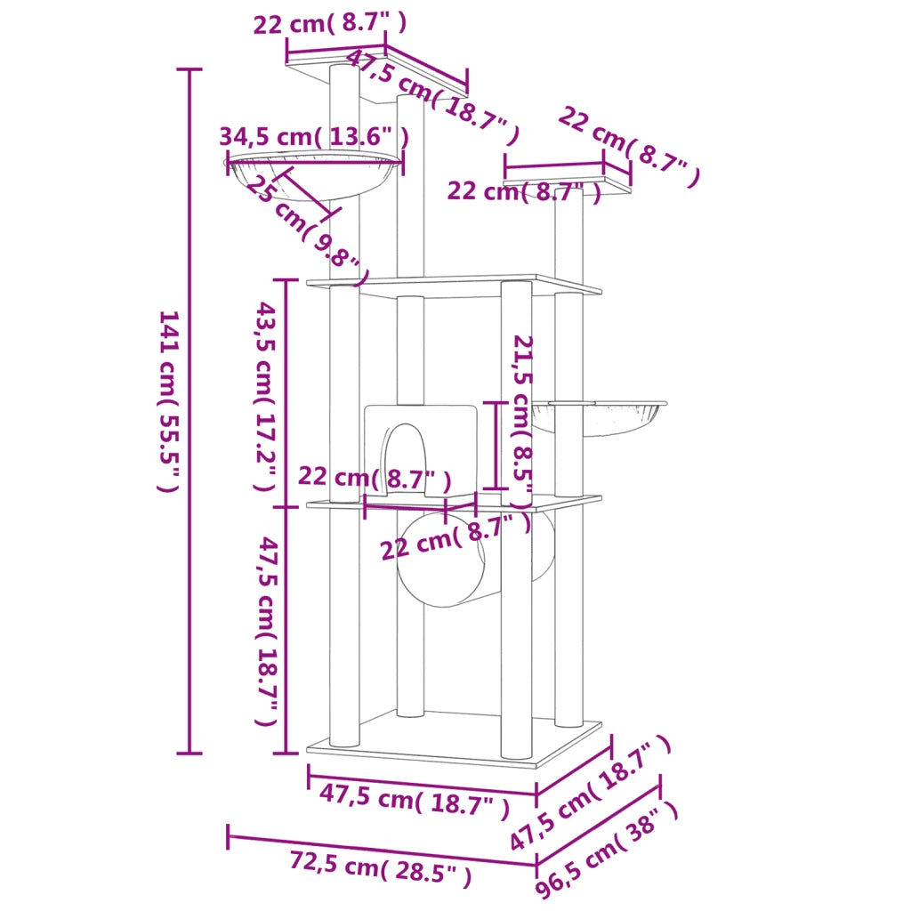 vidaXL Albero per Gatti con Tiragraffi in Sisal Grigio Scuro 141 cm