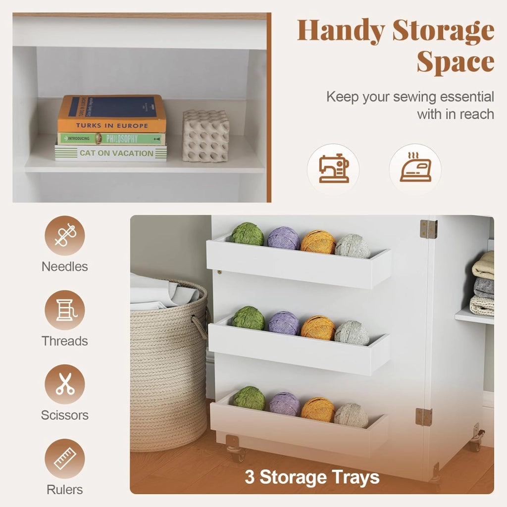 Tavolo da Cucito Pieghevole con Ruote, Mobile per Macchina da Cucire con 4 Ripiani Aperti e Ampio Piano di Lavoro, Ideale per Soggiorno, Camera da Letto e Sala Hobby (Bianco+Naturale)
