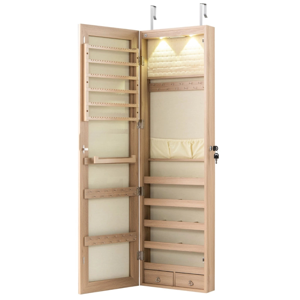 Armadio portagioie con specchio in legno a parete con LED interno 35,5x10x120cm Naturale-Armadietti per gioielli