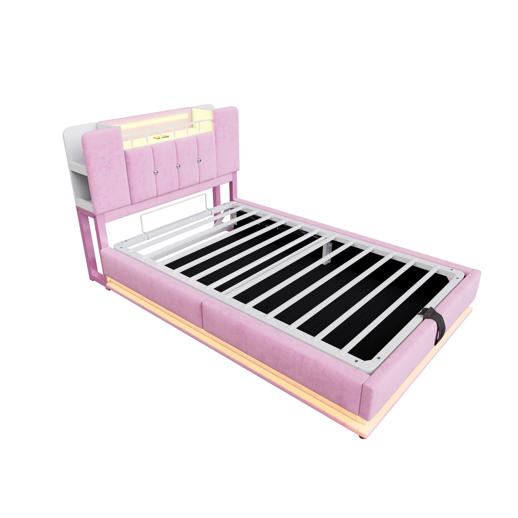 LETTO Polsterbett per bambini 90x200 cm Rosa in velluto con LED, USB e contenitore