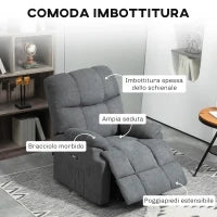 Poltrona Alzapersona con Poggiapiedi, in Tessuto Effetto Lino, 84x96x100 cm, Grigio Scuro