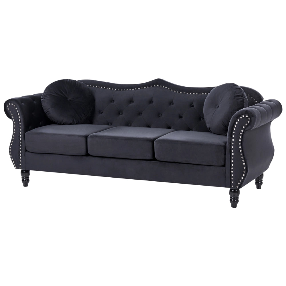 Set da soggiorno Velluto Nero 2 posti 3 posti Bottoni con rifiniture a punta trapuntata Cuscini Braccia arrotolate Glam