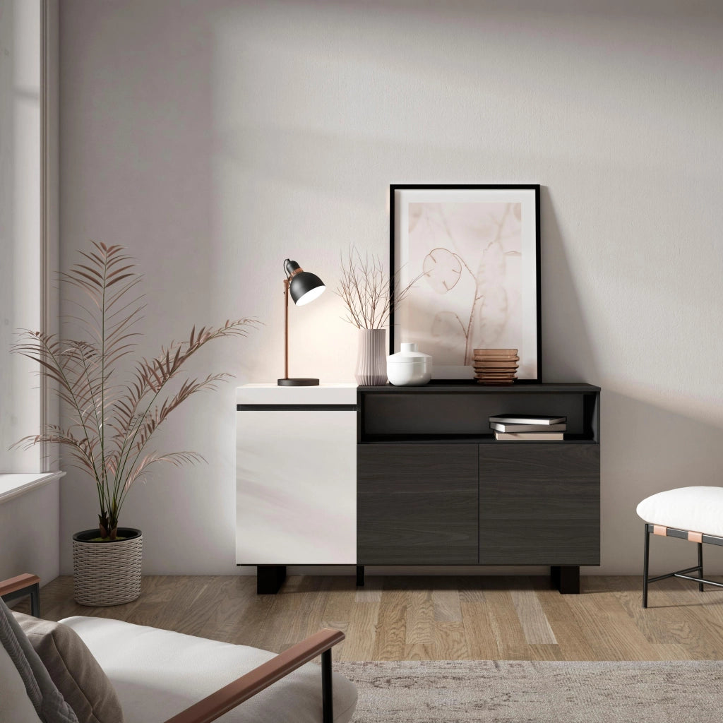 Credenza, Mobile, 150x35x87cm, 3 Porte, Design industriale, Bianco e nero RF2505