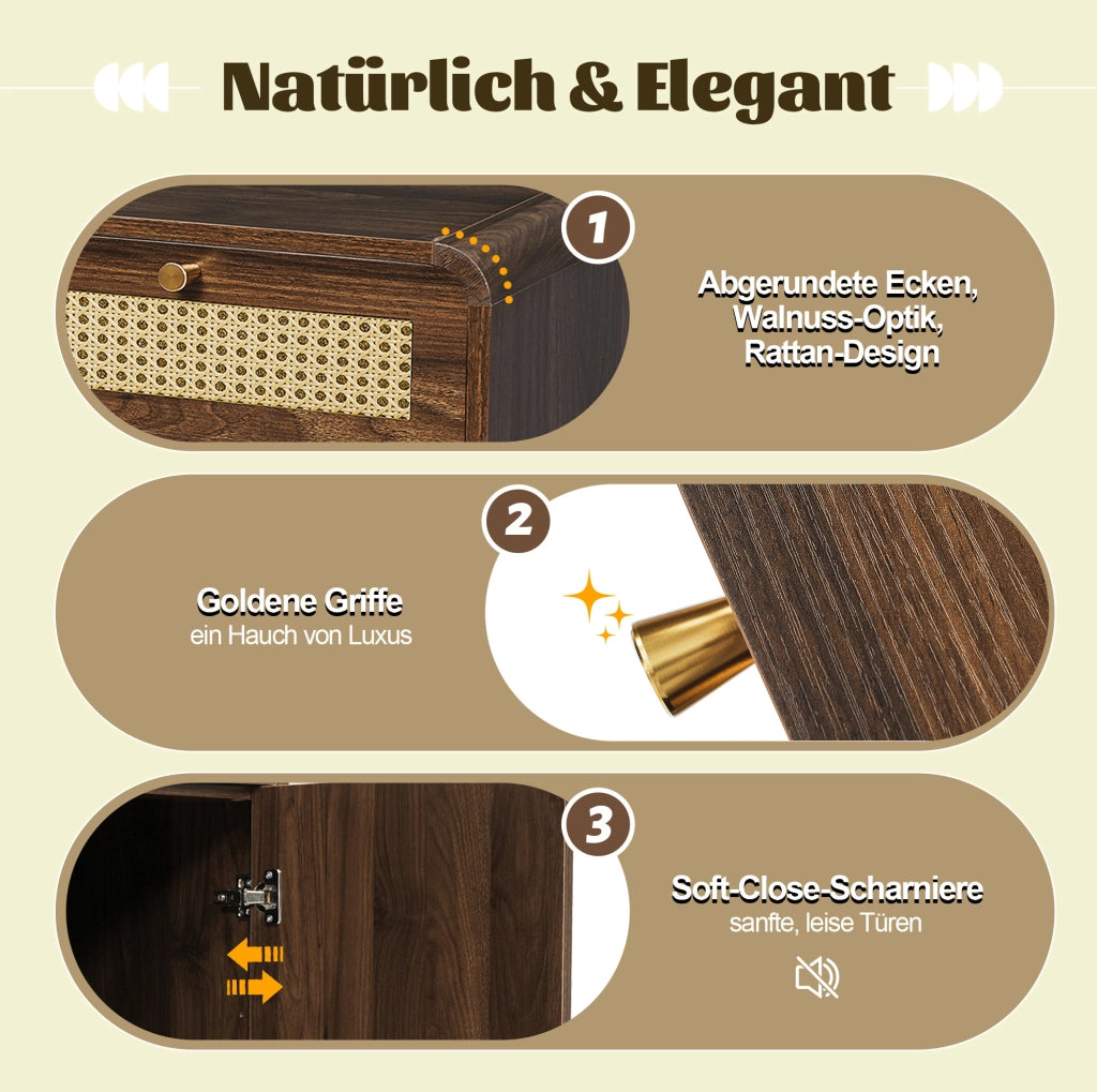 Credenza 120 cm noce con rattan, 3 cassetti e vani