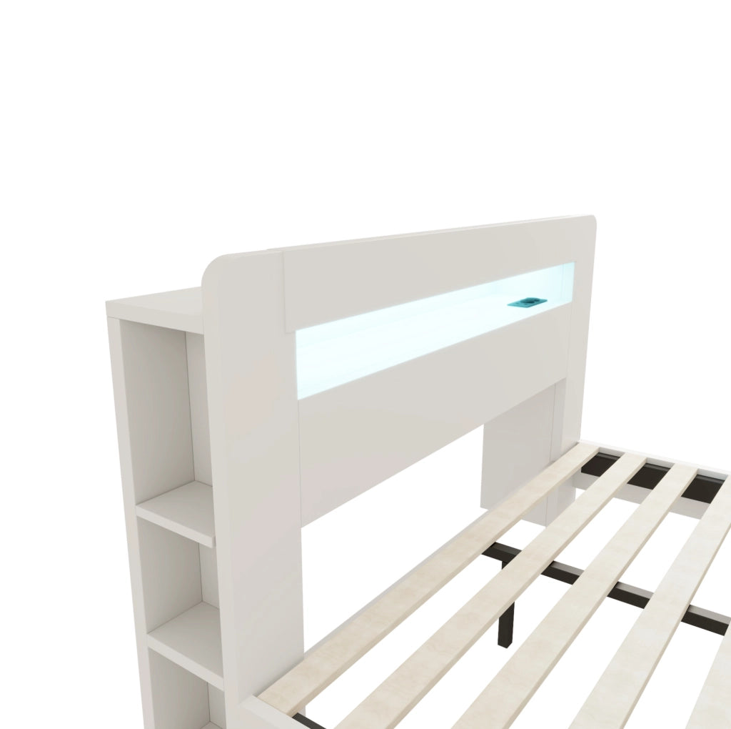 Letto matrimoniale multifunzione 140x200 cm in legno bianco con testiera contenitore; LED e prese integrate