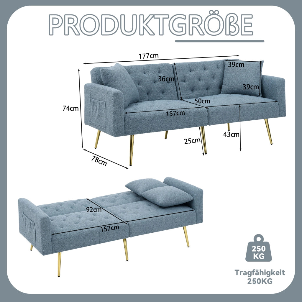 Divano a 2 posti con schienale reclinabile a 3 livelli e 2 cuscini, gambe in metallo dorato, teddy fleece blu
