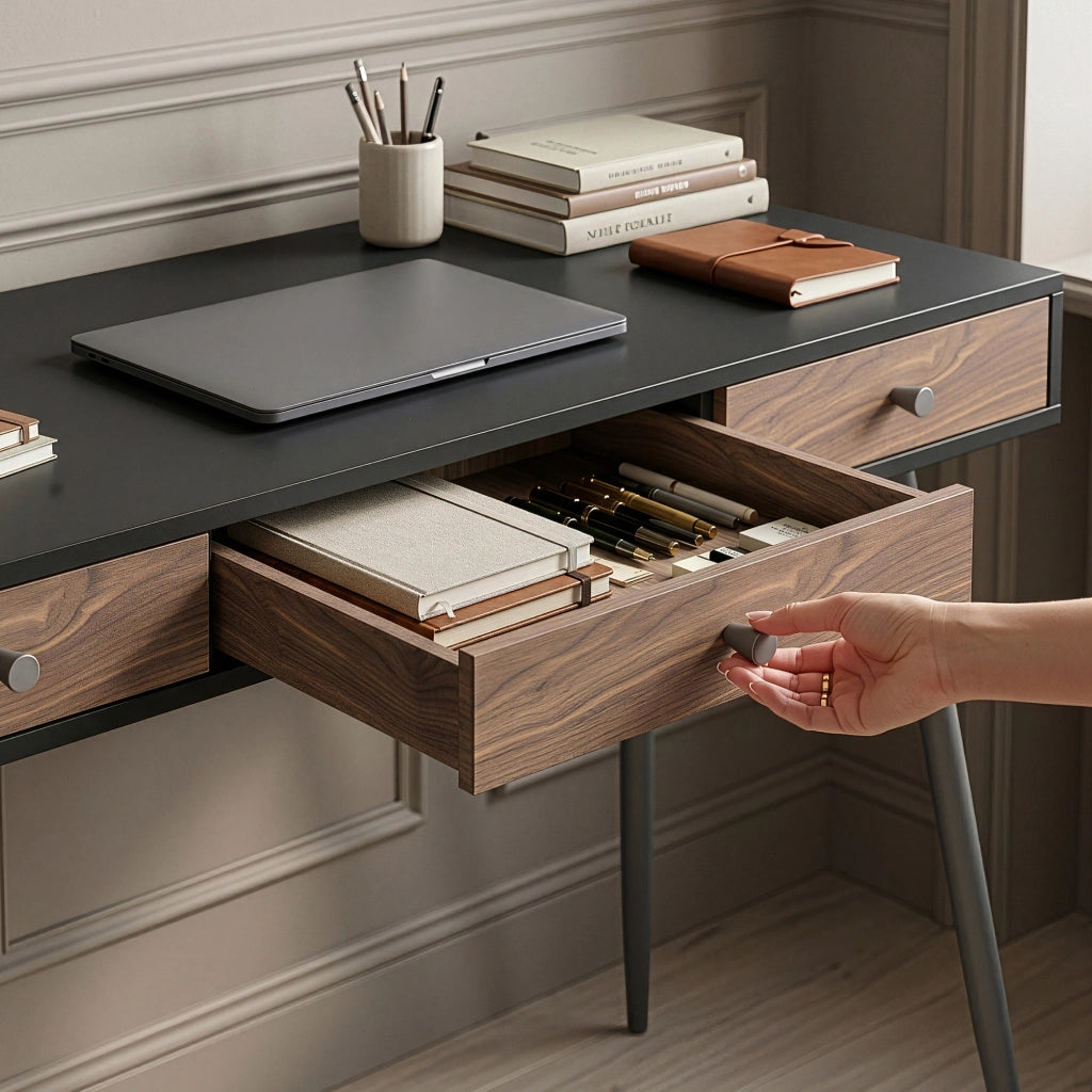 Scrivania Tumba con 3 Cassetti 115 x 48 x 76 cm - Nero/Effetto Noce [en.casa]