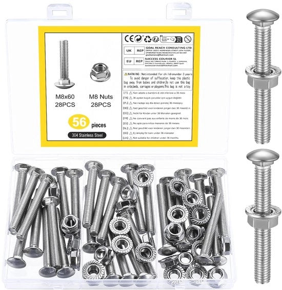 Set di viti a slot, 56 pezzi, M8 x 60 mm acciaio inossidabile, viti a slot, acciaio inossidabile, viti a torx, morsetta, viti a testa piatta M8 con flangia, set di viti a vite con flangia, testa piatta rotonda