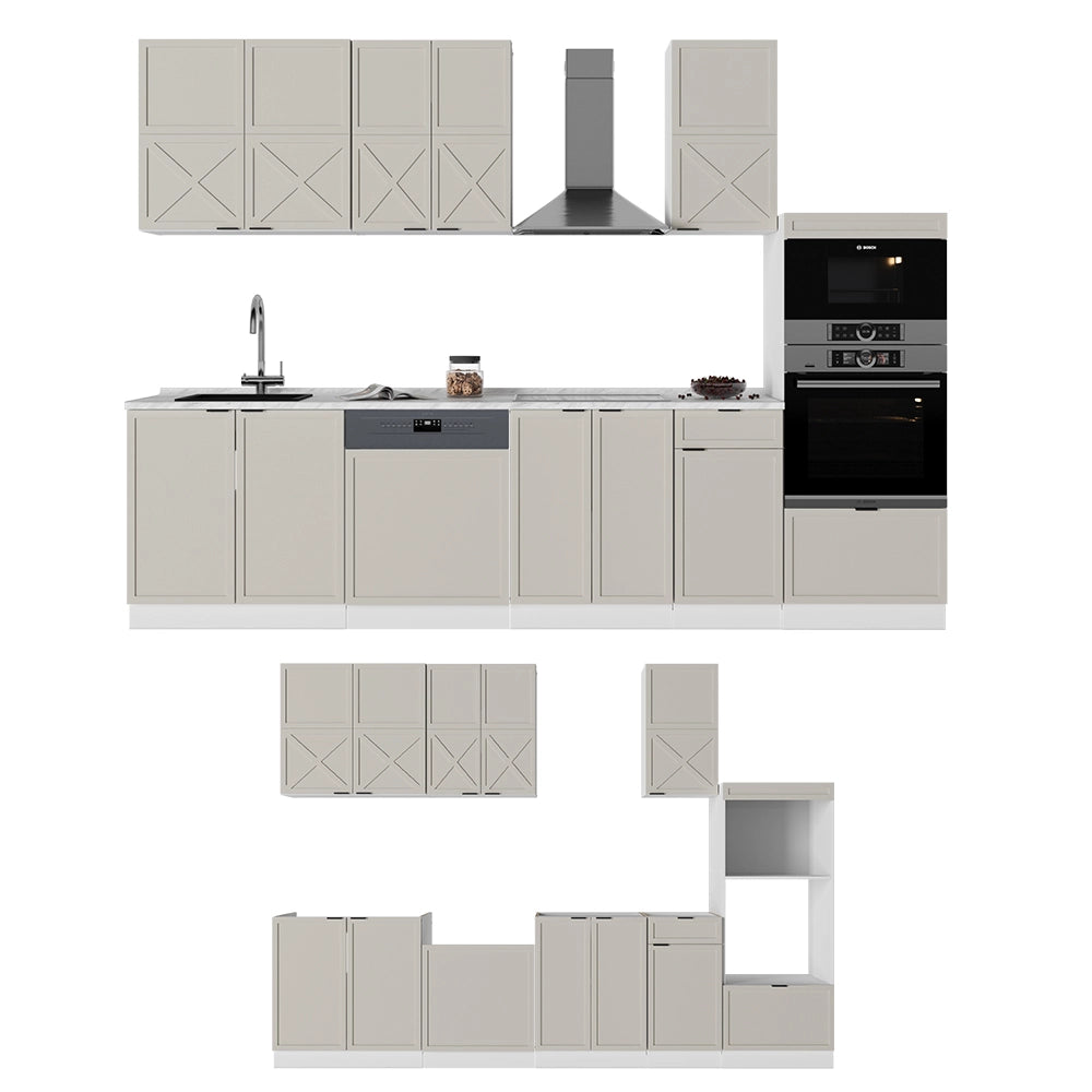 Vicco Cucina componibile Grigio/beige/bianco 300 cm con armadio alto, senza piano di lavoro