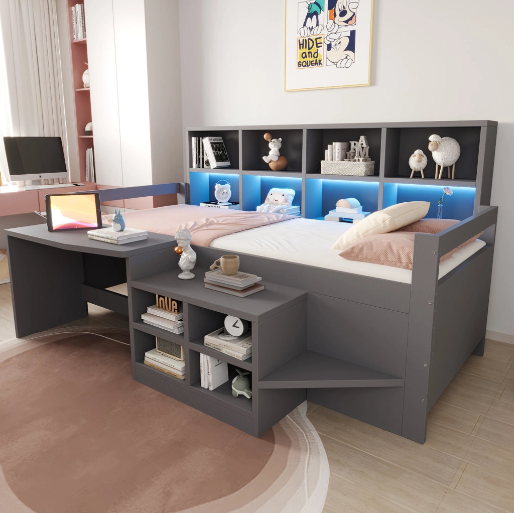 Letto multifunzione 90x200 cm con scrivania, LED e prese USB