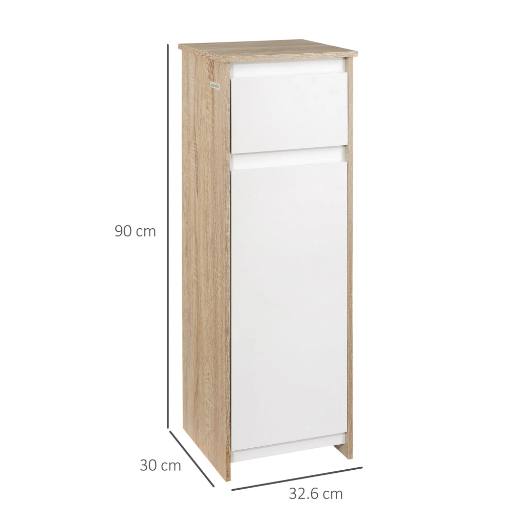 Mobile Bagno con Cassetto e Armadietto con Ripiano Regolabile Interno 32,6x30x90 cm in MDF Bianco e legno naturale