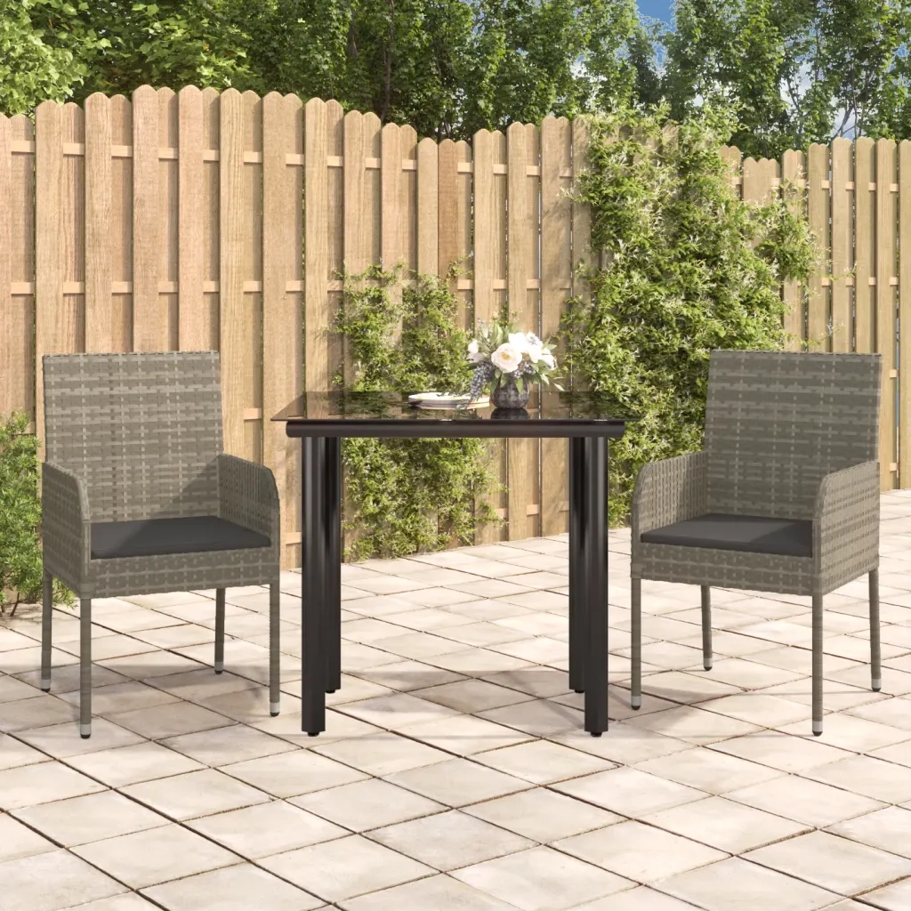 Set Salotto Giardino 3 pz | Set di Mobili da Esterno con Cuscini Nero e Grigio Polyrattan