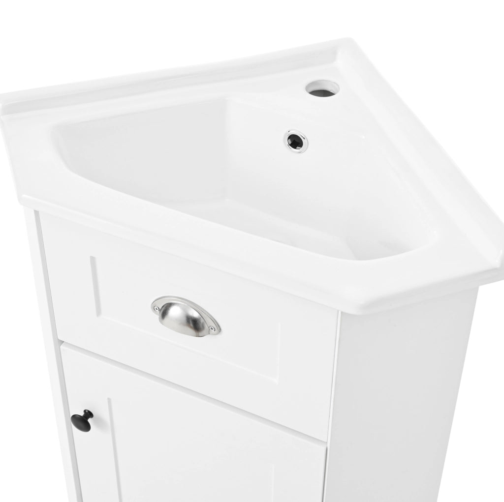 Mobile bagno freestanding con lavabo in ceramica; MDF bianco e maniglie in metallo