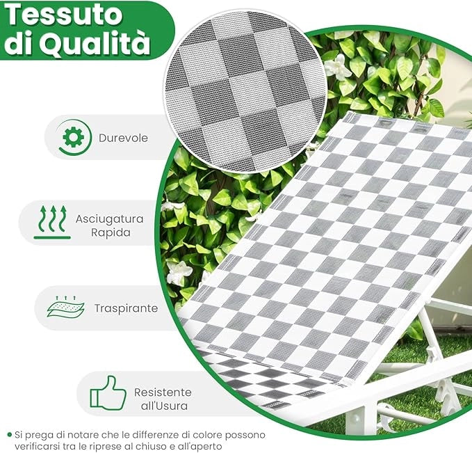 Lettino Giardino con Ruote, Sedia Sdraio Esterno con Schienale Regolabile, con Tessuto Traspirante, Telaio in Metallo, per Giardino Piscina Spiaggia, Portata 180 kg