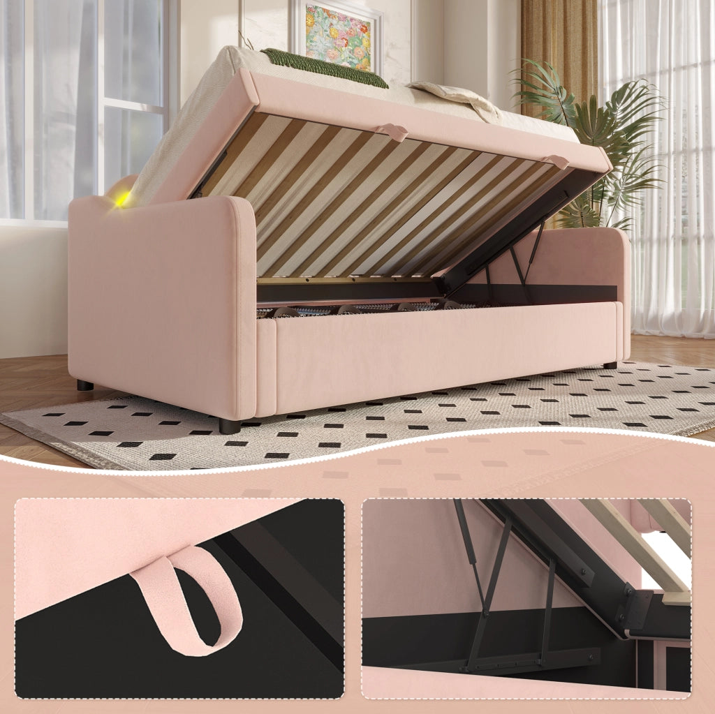 Letto singolo imbottito in velluto rosa con contenitore e LED