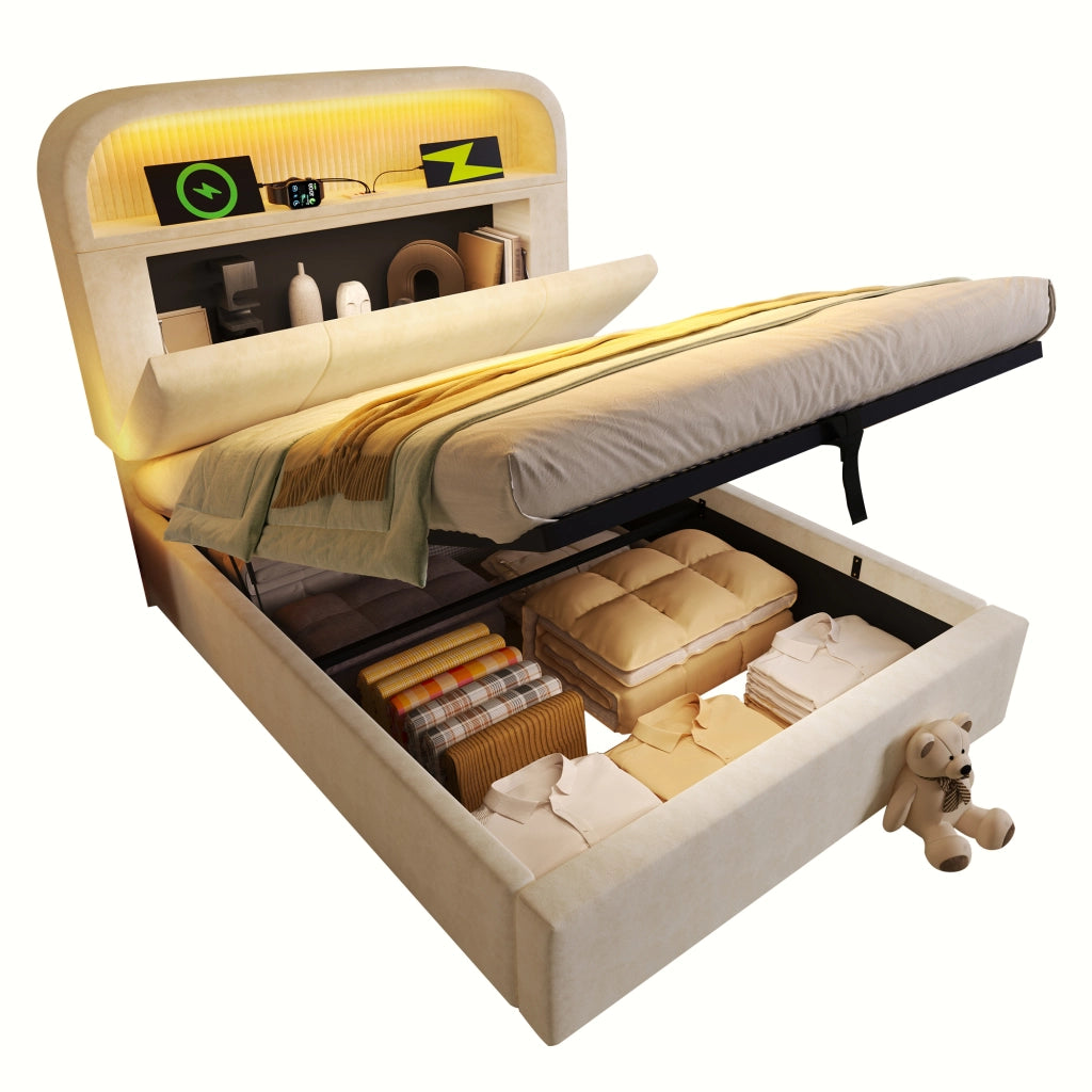 OKWISH Letto Contenitore 90×200 cm, Letto Singolo con LED Regolabile, USB, Tipo C e Testiera Regolabile, senza Materasso, Velluto, Beige